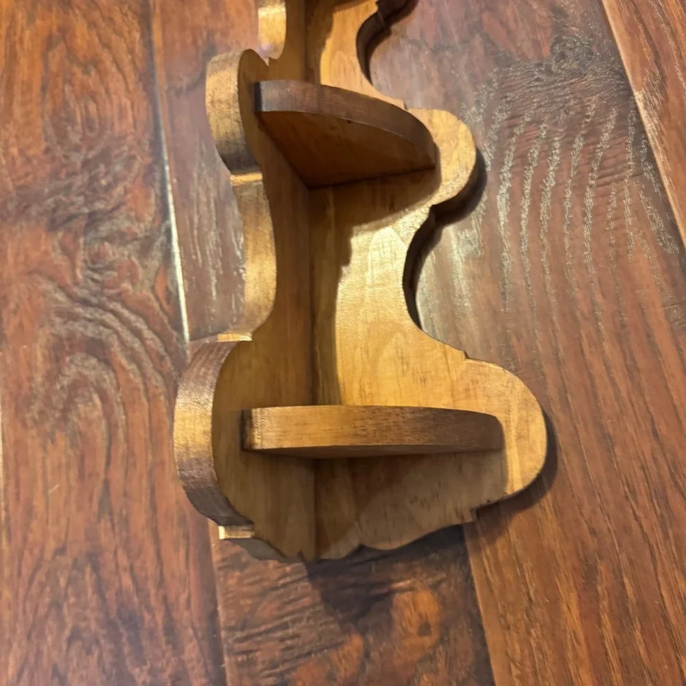 Vintage Mid Century Modern MCM Wood Corner‎ Shelf 17in Brown Scroll Cut 3 Tier